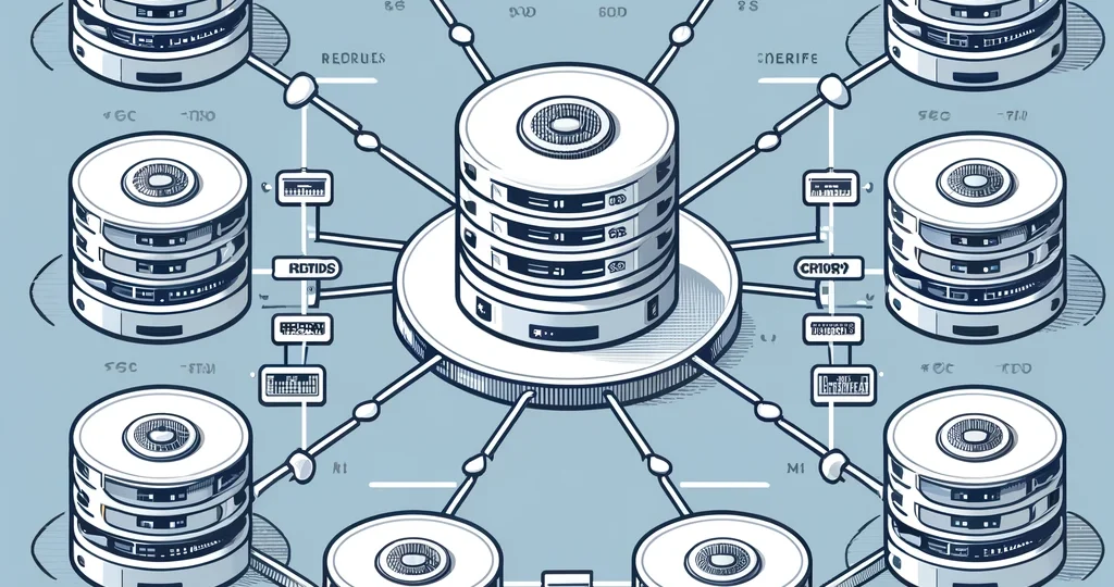 DALL·E 2024-04-12 12.29.40 – An illustrated diagram of a replicated database cluster. The diagram features a central network hub connected to multiple database servers, each marke